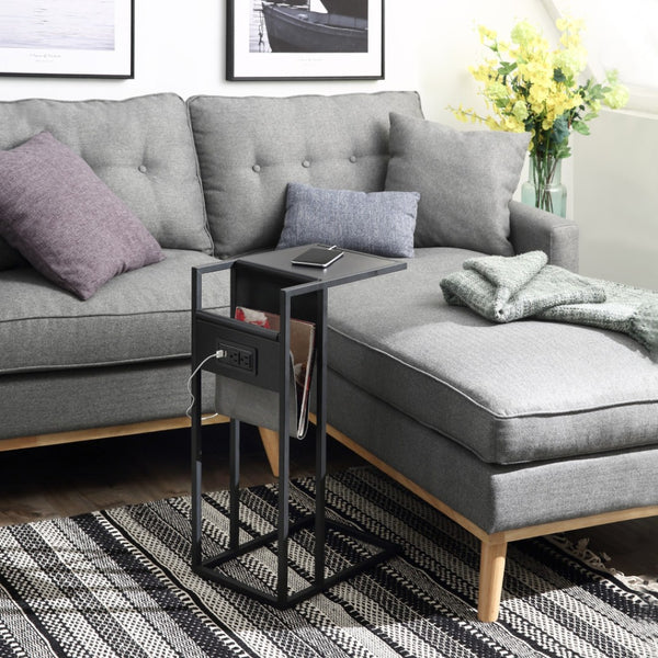 HomeRoots 26" Modern C Table End Table with Magazine Holder and USB Port for Stylish and Functional Living Spaces Black 544068