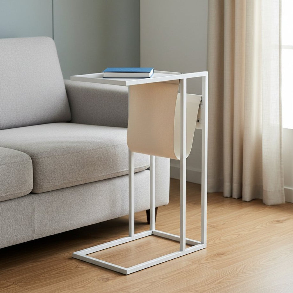 HomeRoots 26" Modern White Wood and Iron End Table with USB Port, Magazine Holder & Compact Design for Small Spaces 544070