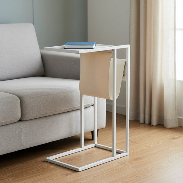 HomeRoots 26" Modern White Wood and Iron End Table with USB Port, Magazine Holder & Compact Design for Small Spaces 544070