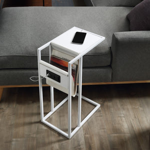 HomeRoots 26" Modern White Wood and Iron End Table with USB Port, Magazine Holder & Compact Design for Small Spaces 544070
