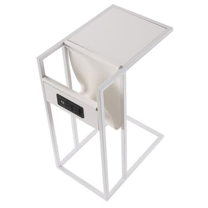 HomeRoots 26" Modern White Wood and Iron End Table with USB Port, Magazine Holder & Compact Design for Small Spaces 544070