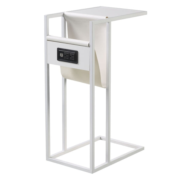 HomeRoots 26" Modern White Wood and Iron End Table with USB Port, Magazine Holder & Compact Design for Small Spaces 544070
