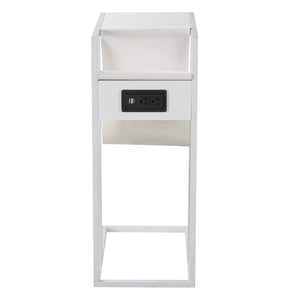 HomeRoots 26" Modern White Wood and Iron End Table with USB Port, Magazine Holder & Compact Design for Small Spaces 544070