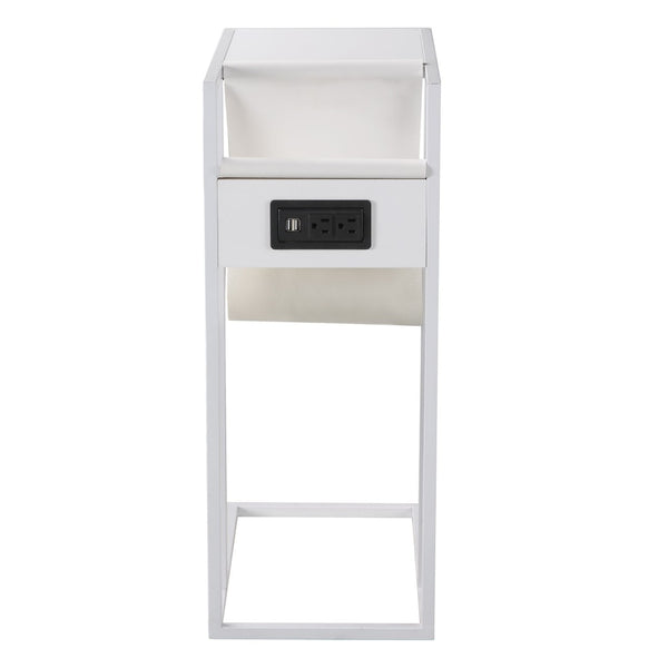 HomeRoots 26" Modern White Wood and Iron End Table with USB Port, Magazine Holder & Compact Design for Small Spaces 544070