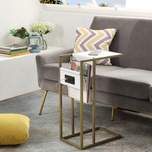HomeRoots 26" Stylish White and Gold End Table with USB Port, Magazine Holder - Perfect for Modern Spaces! 544071