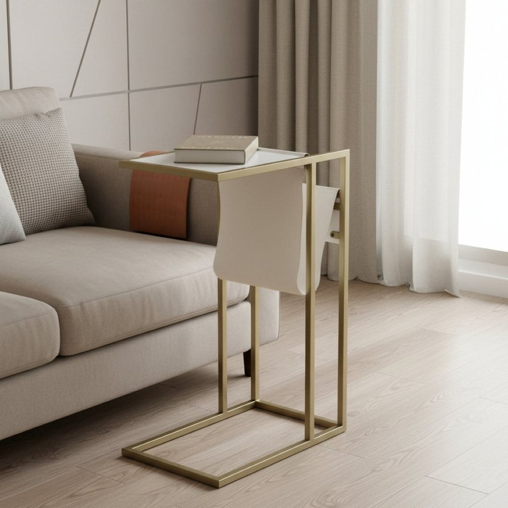 HomeRoots 26" Stylish White and Gold End Table with USB Port, Magazine Holder - Perfect for Modern Spaces! 544071