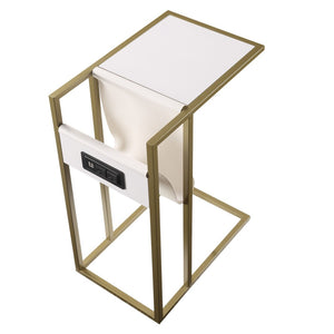 HomeRoots 26" Stylish White and Gold End Table with USB Port, Magazine Holder - Perfect for Modern Spaces! 544071