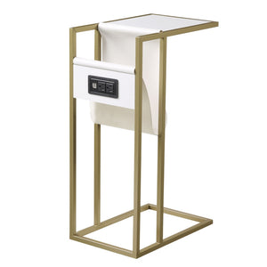 HomeRoots 26" Stylish White and Gold End Table with USB Port, Magazine Holder - Perfect for Modern Spaces! 544071