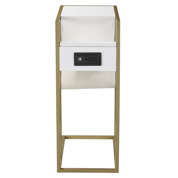 HomeRoots 26" Stylish White and Gold End Table with USB Port, Magazine Holder - Perfect for Modern Spaces! 544071