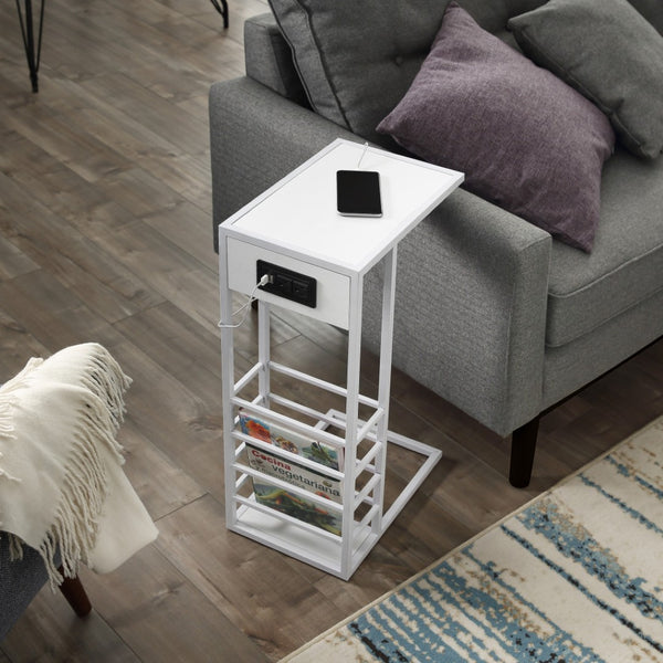 HomeRoots 26" Modern C-Table with USB Ports and Magazine Holder - Perfect Space-Saving Solution for Your Home! White 544072