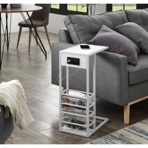 HomeRoots 26" Modern C-Table with USB Ports and Magazine Holder - Perfect Space-Saving Solution for Your Home! White 544072