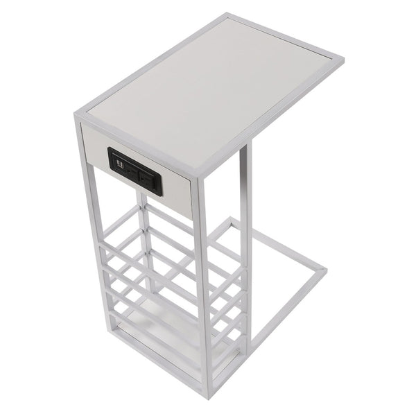 HomeRoots 26" Modern C-Table with USB Ports and Magazine Holder - Perfect Space-Saving Solution for Your Home! White 544072