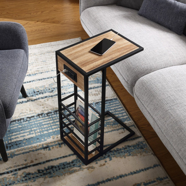 HomeRoots 26" Modern C-Table with USB Ports and Magazine Holder - Perfect Space-Saving Solution for Your Home! Brown/Black 544073