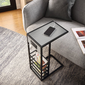 HomeRoots 26" Modern Industrial Gray and Black End Table with USB Port, Magazine Holder, and Compact Design 544074
