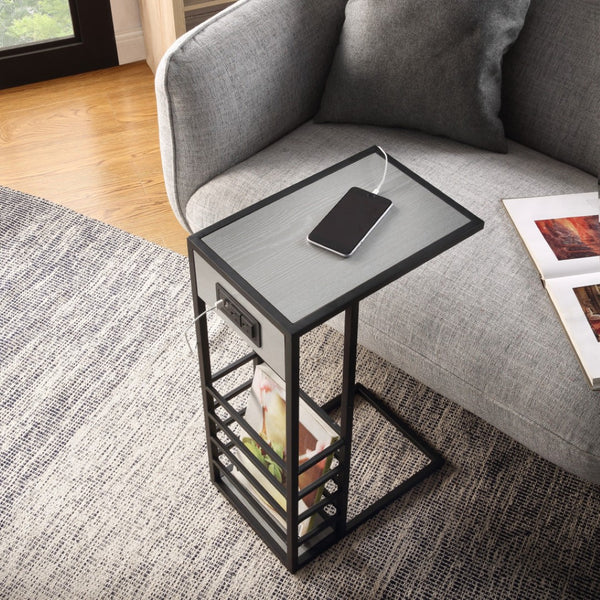 HomeRoots 26" Modern Industrial Gray and Black End Table with USB Port, Magazine Holder, and Compact Design 544074