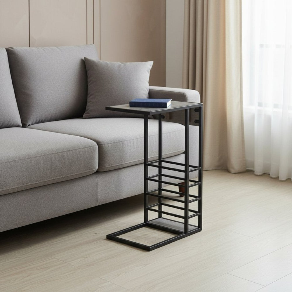 HomeRoots 26" Modern Industrial Gray and Black End Table with USB Port, Magazine Holder, and Compact Design 544074
