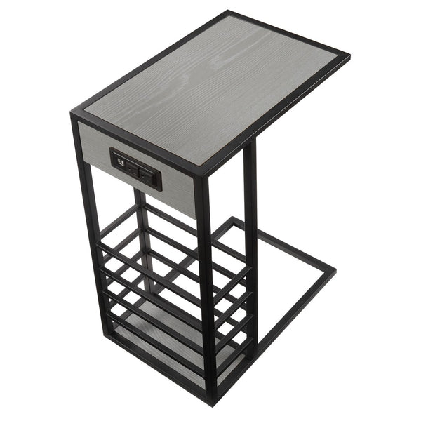 HomeRoots 26" Modern Industrial Gray and Black End Table with USB Port, Magazine Holder, and Compact Design 544074