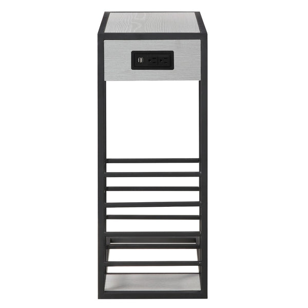 HomeRoots 26" Modern Industrial Gray and Black End Table with USB Port, Magazine Holder, and Compact Design 544074