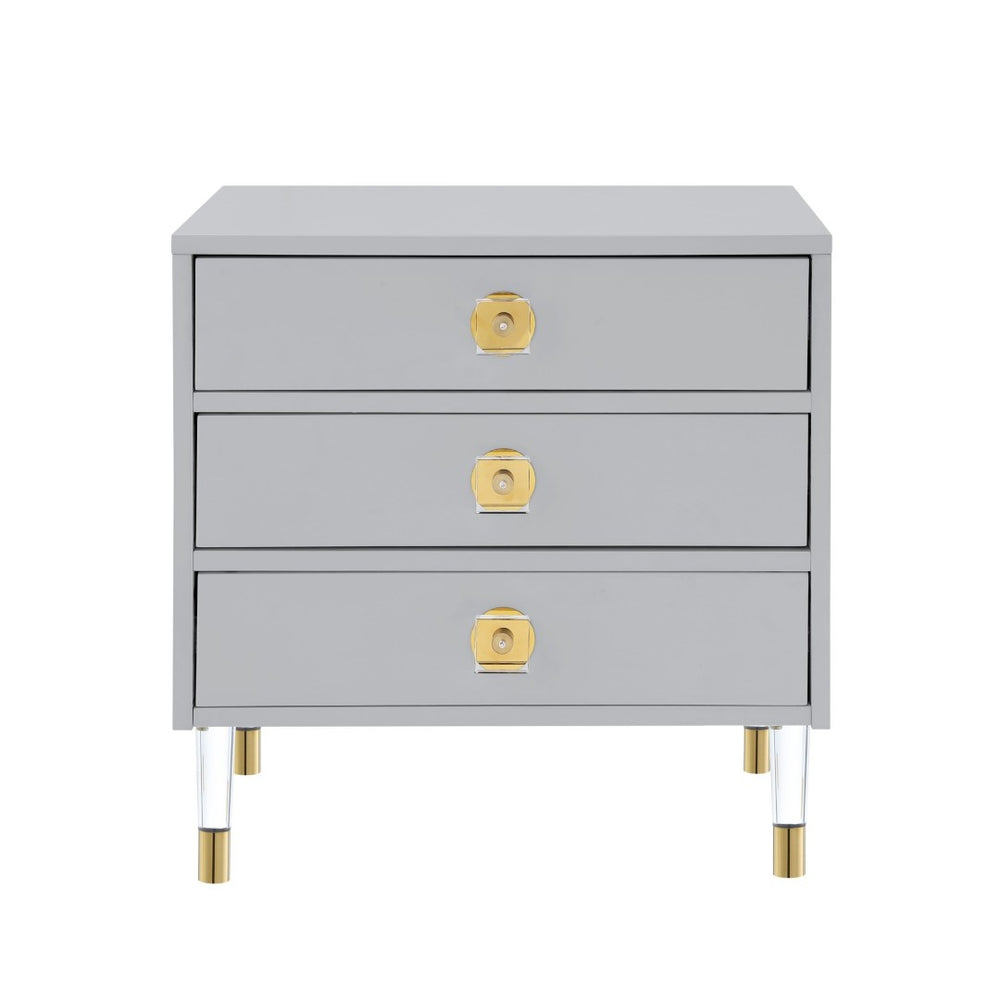 HomeRoots 24" Light Gray End Table with Clear Wood Base & 3 Drawers – Modern, Versatile Storage Solution! 544075
