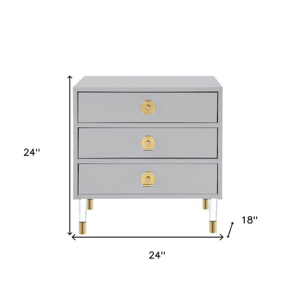 HomeRoots 24" Light Gray End Table with Clear Wood Base & 3 Drawers – Modern, Versatile Storage Solution! 544075