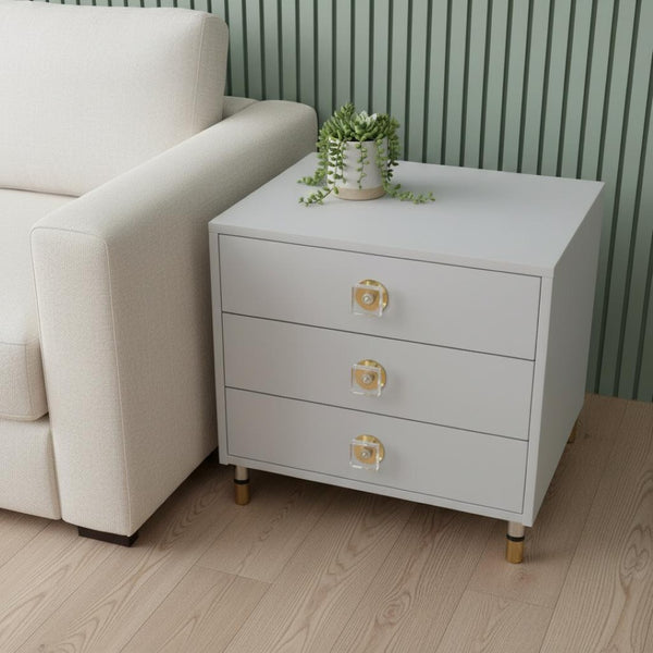 HomeRoots 24" Light Gray End Table with Clear Wood Base & 3 Drawers – Modern, Versatile Storage Solution! 544075
