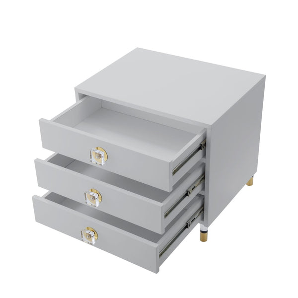 HomeRoots 24" Light Gray End Table with Clear Wood Base & 3 Drawers – Modern, Versatile Storage Solution! 544075