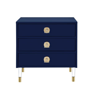 HomeRoots 24" Dark Blue End Table with Clear Base & 3 Drawers - Stylish Storage for Living Rooms & Bedrooms 544076