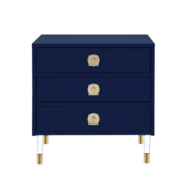 HomeRoots 24" Dark Blue End Table with Clear Base & 3 Drawers - Stylish Storage for Living Rooms & Bedrooms 544076