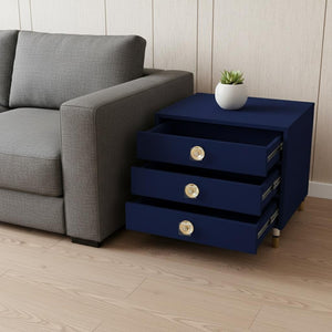 HomeRoots 24" Dark Blue End Table with Clear Base & 3 Drawers - Stylish Storage for Living Rooms & Bedrooms 544076