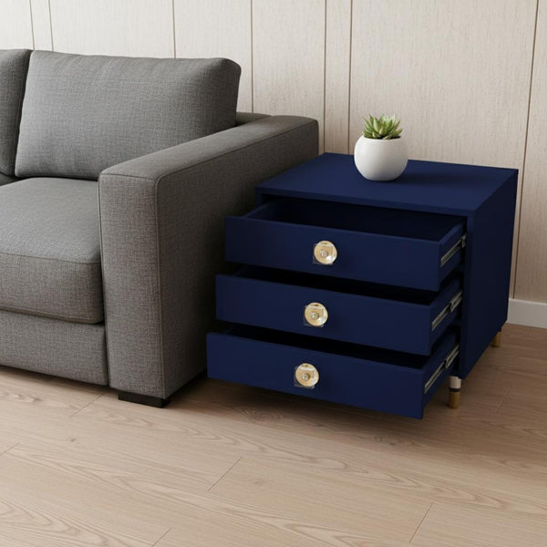 HomeRoots 24" Dark Blue End Table with Clear Base & 3 Drawers - Stylish Storage for Living Rooms & Bedrooms 544076