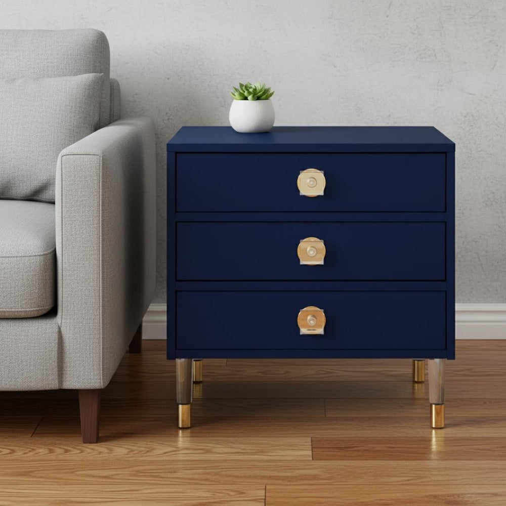 HomeRoots 24" Dark Blue End Table with Clear Base & 3 Drawers - Stylish Storage for Living Rooms & Bedrooms 544076