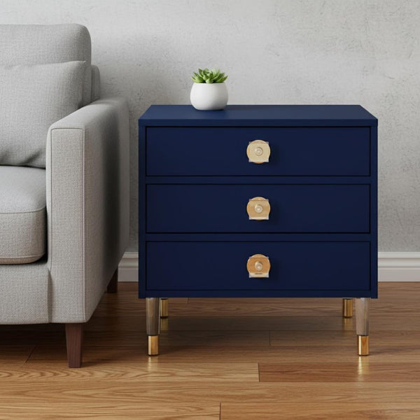 HomeRoots 24" Dark Blue End Table with Clear Base & 3 Drawers - Stylish Storage for Living Rooms & Bedrooms 544076