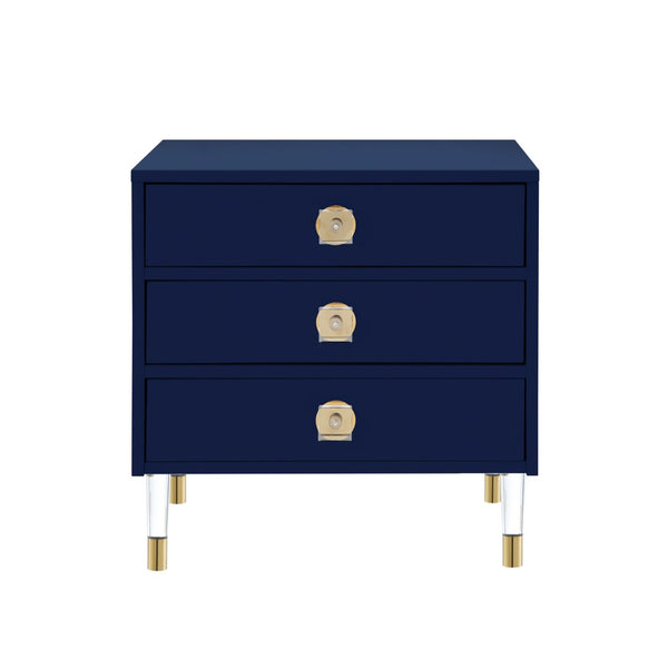 HomeRoots 24" Dark Blue End Table with Clear Base & 3 Drawers - Stylish Storage for Living Rooms & Bedrooms 544076