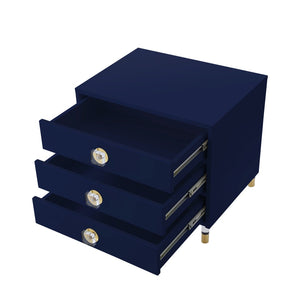HomeRoots 24" Dark Blue End Table with Clear Base & 3 Drawers - Stylish Storage for Living Rooms & Bedrooms 544076
