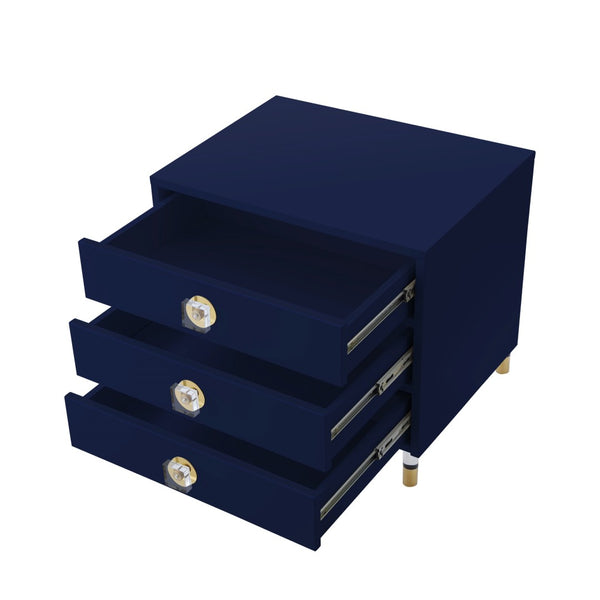 HomeRoots 24" Dark Blue End Table with Clear Base & 3 Drawers - Stylish Storage for Living Rooms & Bedrooms 544076