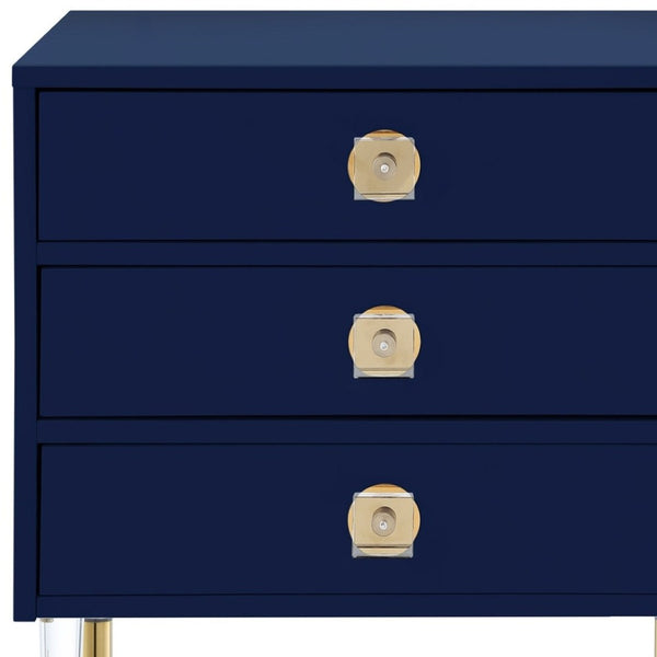 HomeRoots 24" Dark Blue End Table with Clear Base & 3 Drawers - Stylish Storage for Living Rooms & Bedrooms 544076