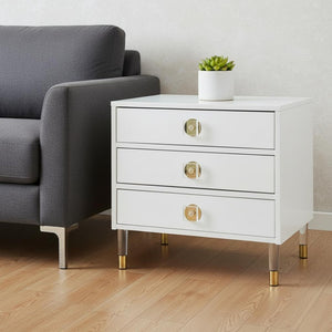 HomeRoots 24" Stylish White and Clear Wood End Table with 3 Drawers - Perfect for Modern Living Spaces! 544077
