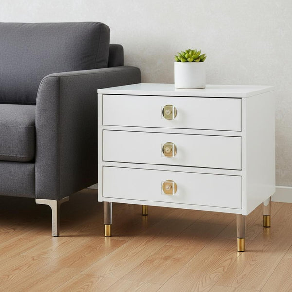 HomeRoots 24" Stylish White and Clear Wood End Table with 3 Drawers - Perfect for Modern Living Spaces! 544077