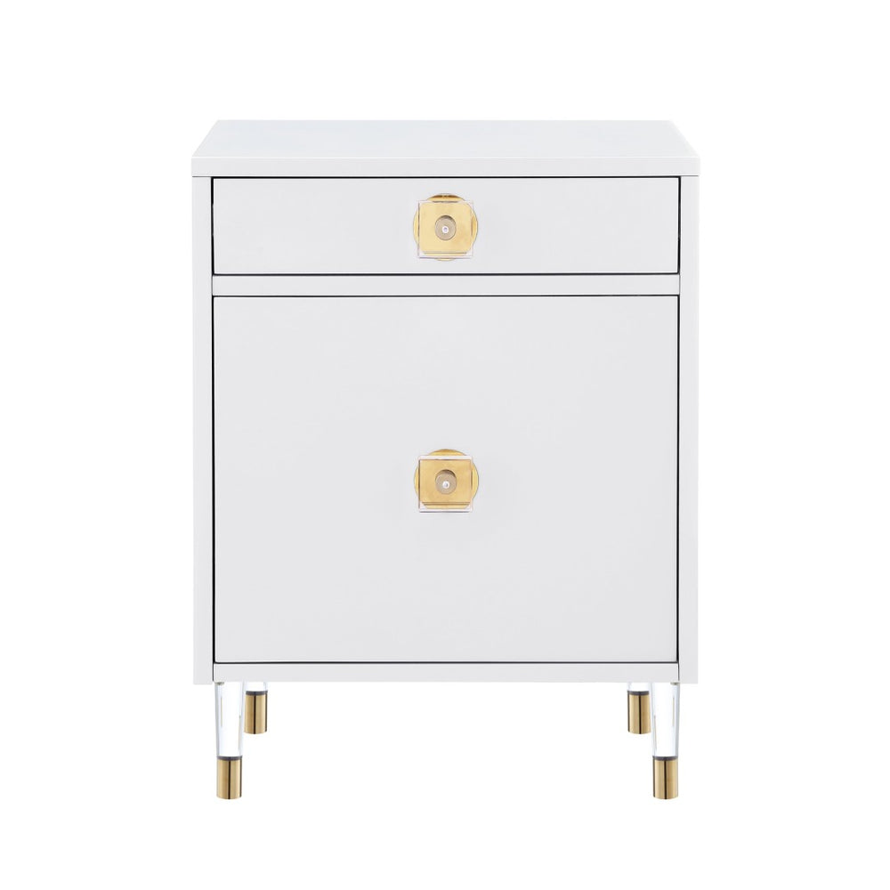 HomeRoots 26" Modern White and Clear Wood End Table with Storage Drawer & Open Shelf for Versatile Use 544080