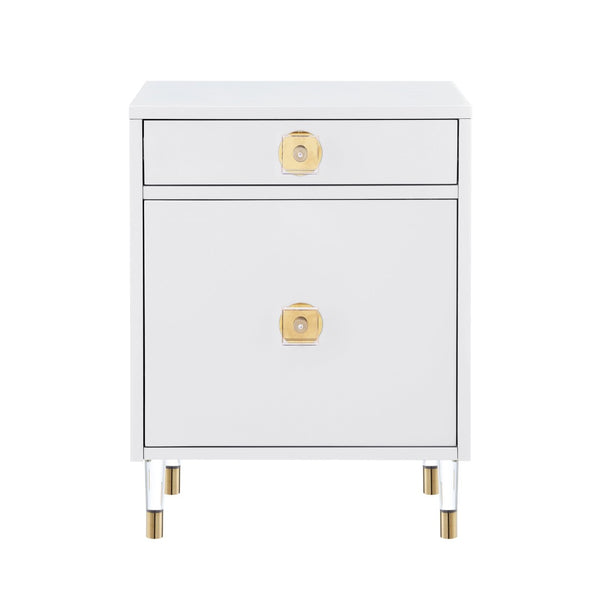 HomeRoots 26" Modern White and Clear Wood End Table with Storage Drawer & Open Shelf for Versatile Use 544080