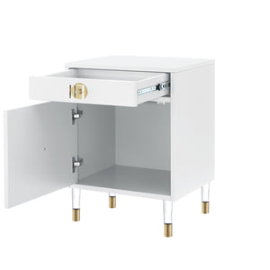 HomeRoots 26" Modern White and Clear Wood End Table with Storage Drawer & Open Shelf for Versatile Use 544080