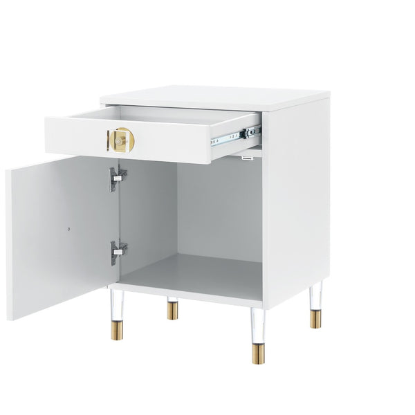 HomeRoots 26" Modern White and Clear Wood End Table with Storage Drawer & Open Shelf for Versatile Use 544080