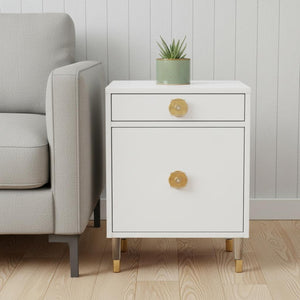 HomeRoots 26" Modern White and Clear Wood End Table with Storage Drawer & Open Shelf for Versatile Use 544080
