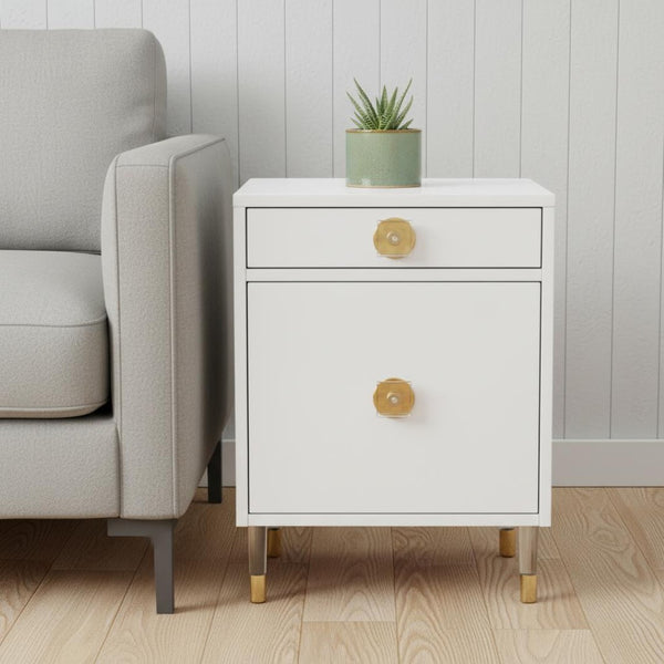 HomeRoots 26" Modern White and Clear Wood End Table with Storage Drawer & Open Shelf for Versatile Use 544080