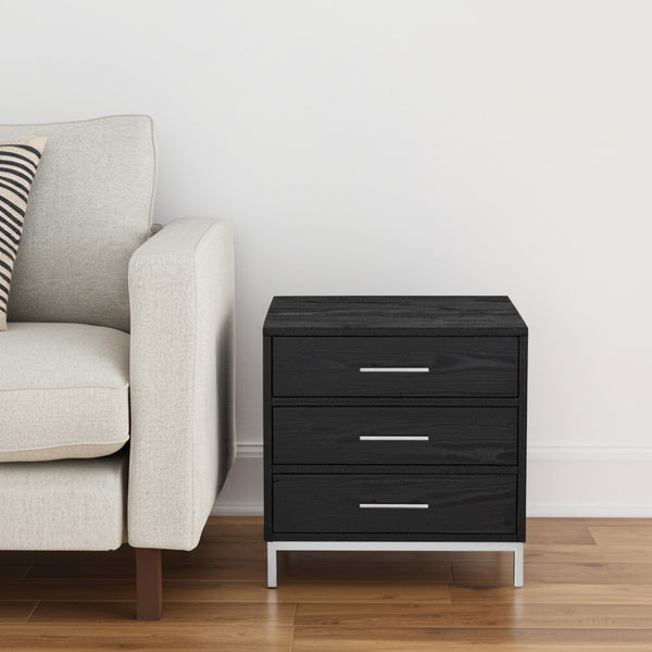 HomeRoots 24" Sleek Silver Metallic and Black End Table with 3 Drawers for Modern Living Room Storage Solutions Black/Chrome 544081