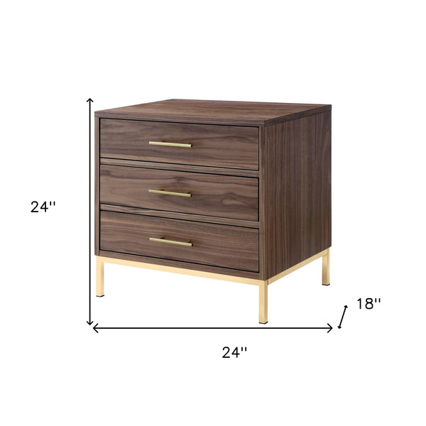 Homeroots 24" Gold And Wood Brown End Table With Three Drawers Walnut,Gold  544082