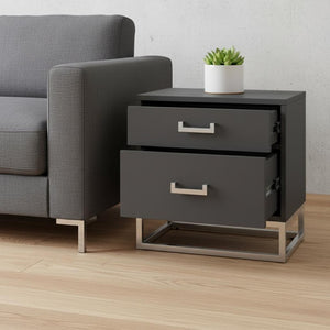 HomeRoots 20" Dark Gray and Silver Wood Frame End Table with 2 Drawers for Modern Living Spaces & Storage 544083