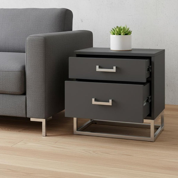 HomeRoots 20" Dark Gray and Silver Wood Frame End Table with 2 Drawers for Modern Living Spaces & Storage 544083