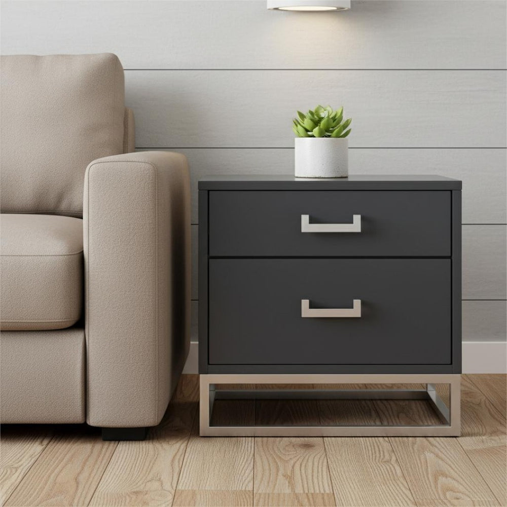 HomeRoots 20" Dark Gray and Silver Wood Frame End Table with 2 Drawers for Modern Living Spaces & Storage 544083