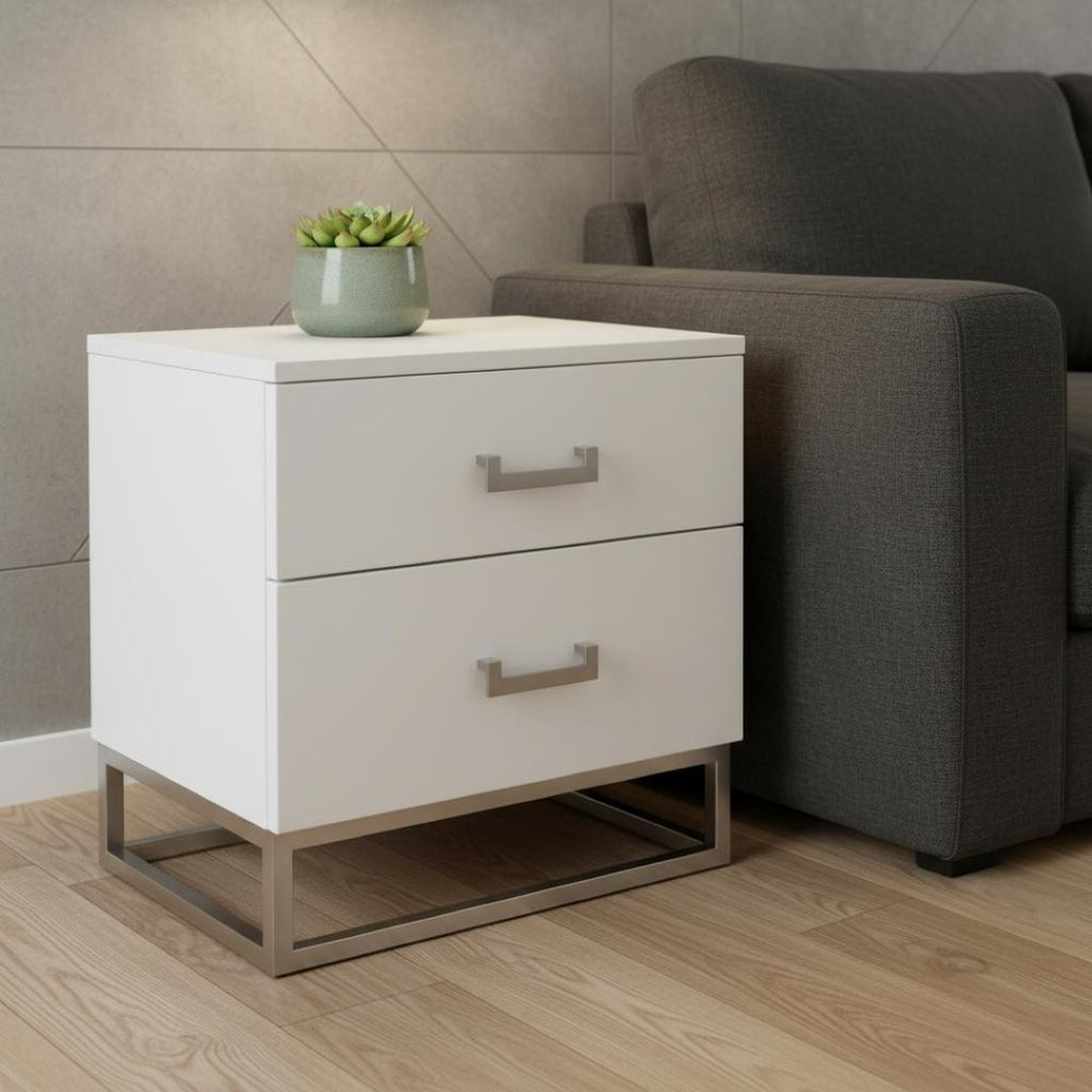 HomeRoots 20" Modern White and Silver End Table with 2 Drawers – Stylish Storage for Any Room or Space! 544086